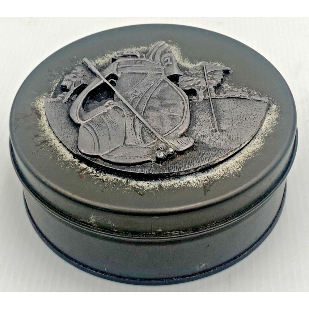 Vintage Metzke Pewter Golf Club Tin Round Trinket Box Golf Bag Theme Decor
